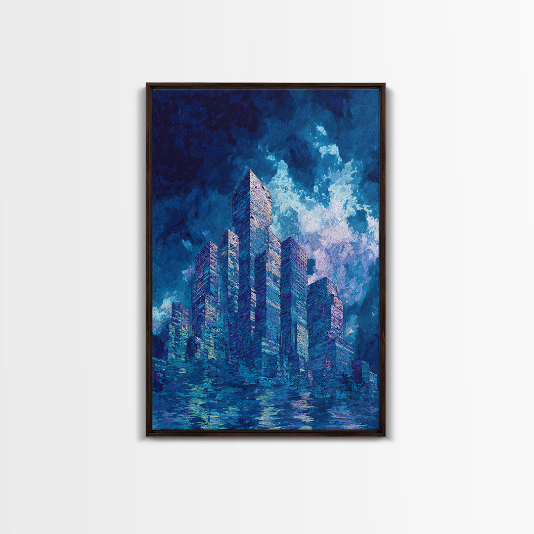 Blue Futuristic Skyline Framed Canvas Print, Modern City Wall Decor, Urban Architecture Art, Luxury Canvas Art For Office