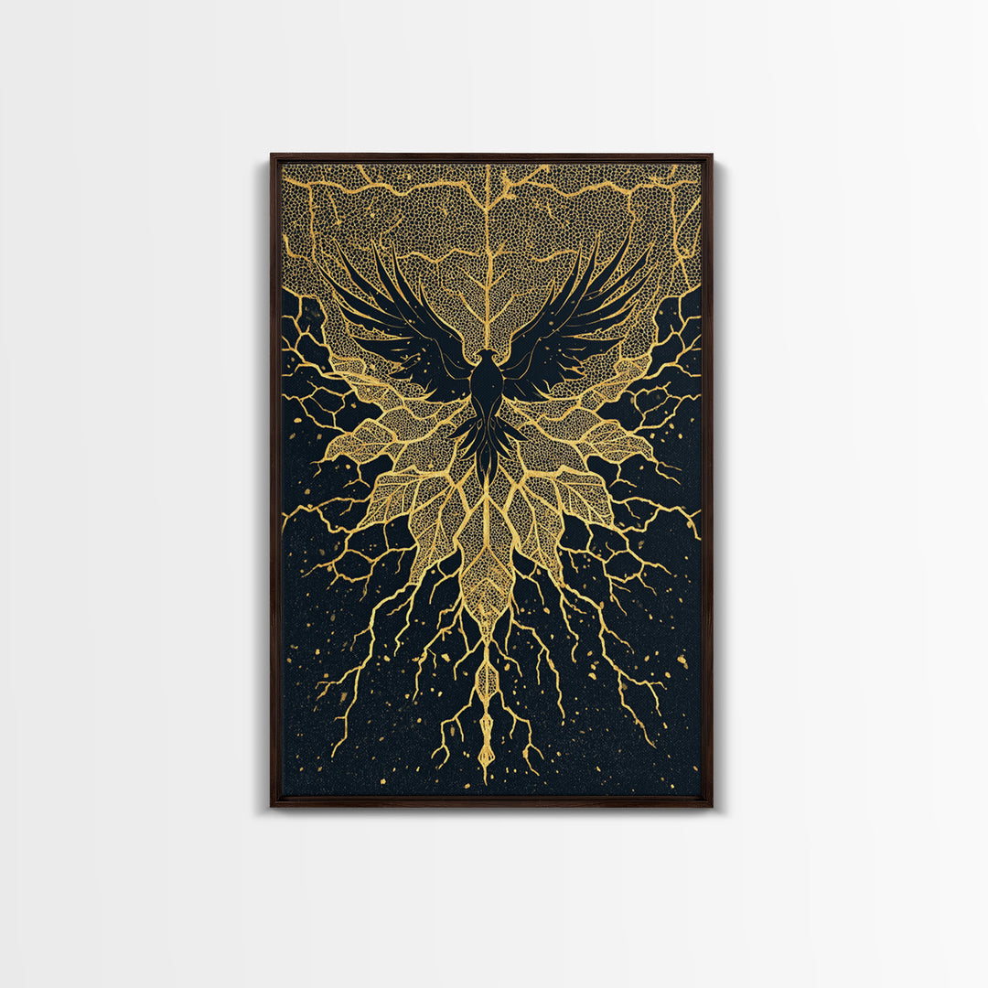 Black And Gold Bird With Roots Wall Art, Spiritual Wall Decor, Mystical Wall Art, Elegant Home Decor, Unique Canvas Art Print