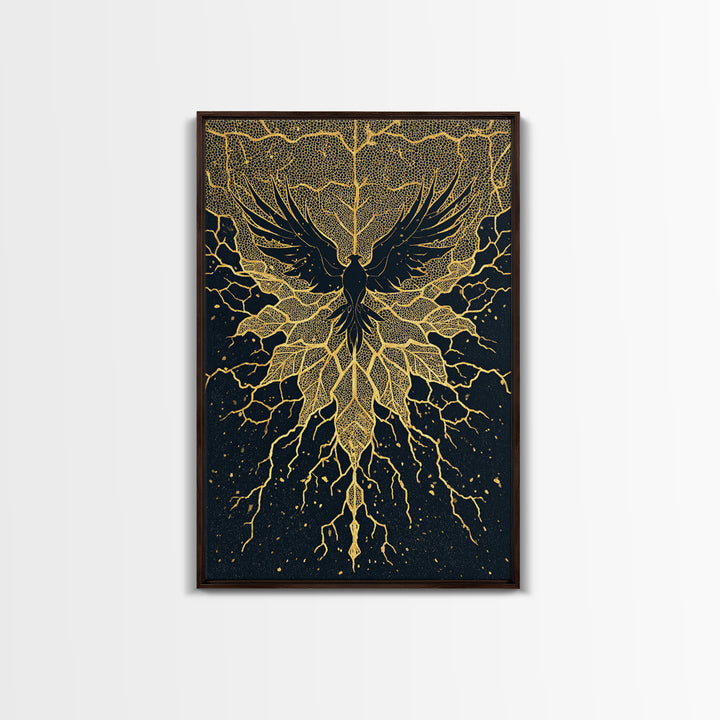 Black And Gold Bird With Roots Wall Art, Spiritual Wall Decor, Mystical Wall Art, Elegant Home Decor, Unique Canvas Art Print