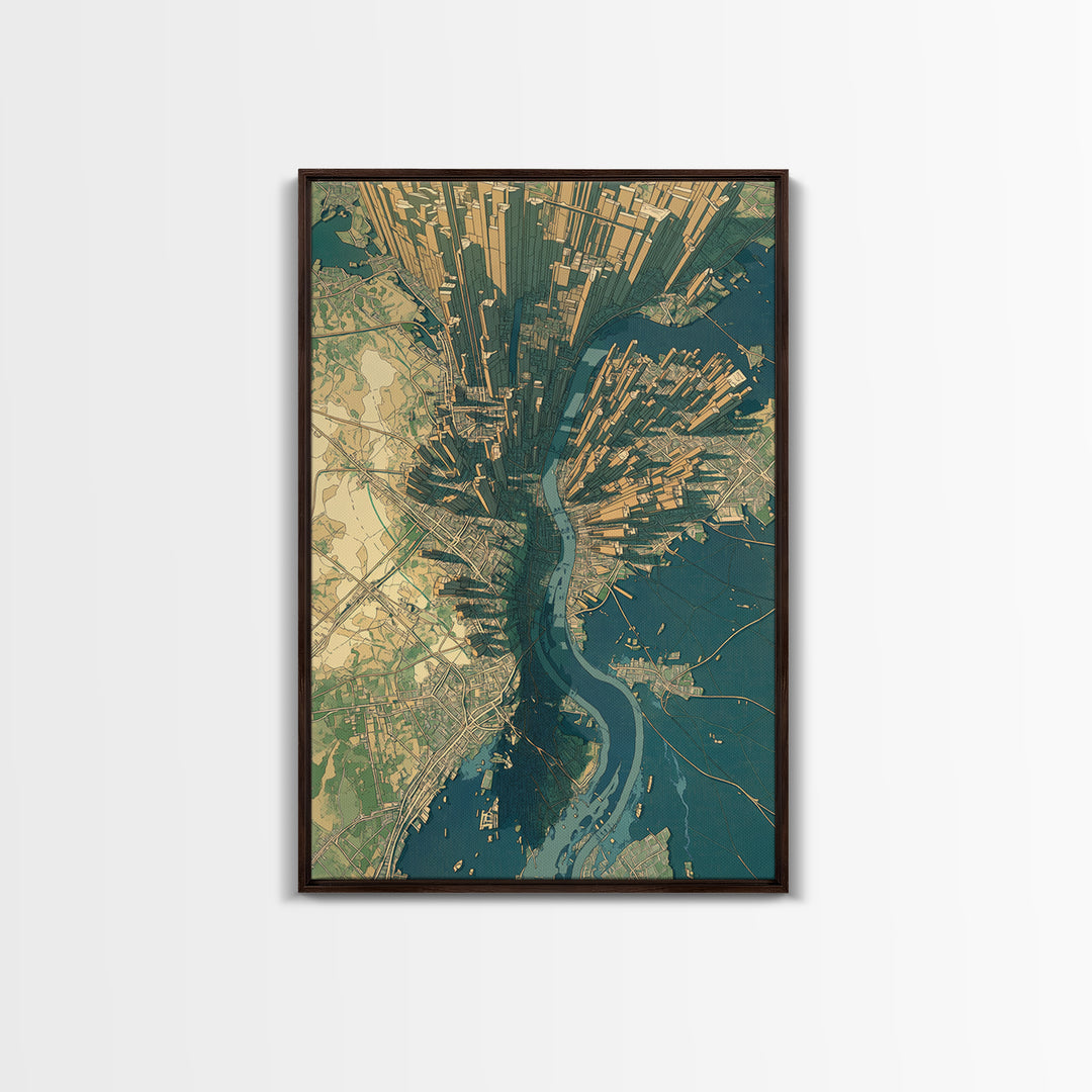 Aerial City Map Canvas Print, Urban Wall Art, Modern Architecture Poster, Teal And Gold Art, Office Decor, Statement Wall Art