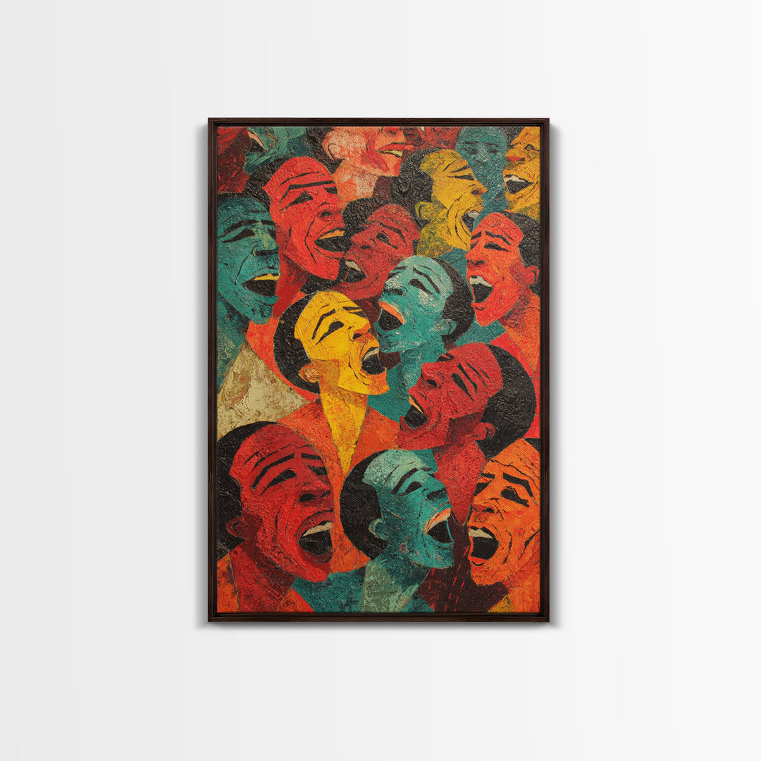 Colorful Laughing Faces Canvas Print, African Mask Art, Abstract African Art, Black Culture Art, Vibrant Wall Decor, Unique Gift