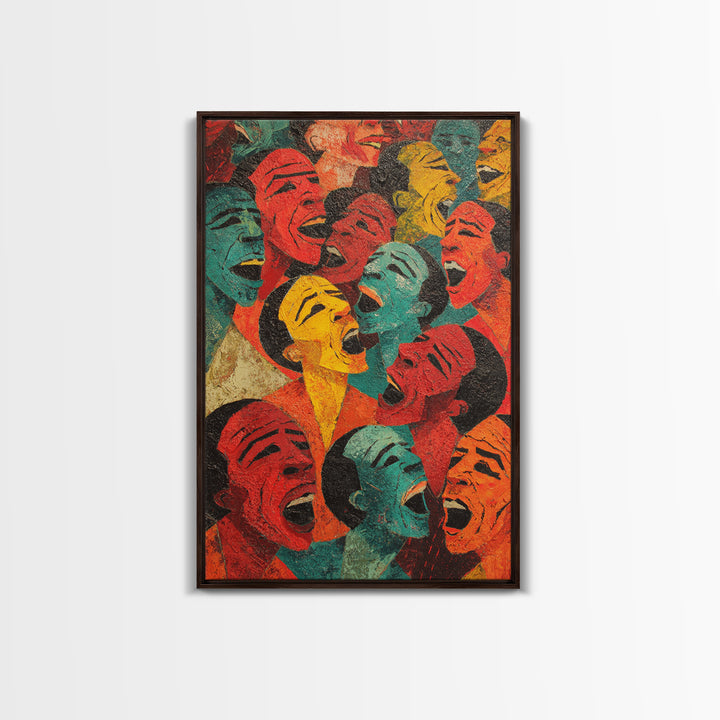 Colorful Laughing Faces Canvas Print, African Mask Art, Abstract African Art, Black Culture Art, Vibrant Wall Decor, Unique Gift