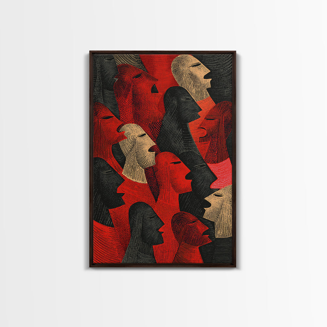 Red And Black Tribal Profile Faces, African Wall Art, Abstract African Art Print, Afrocentric Decor, Modern Canvas Print