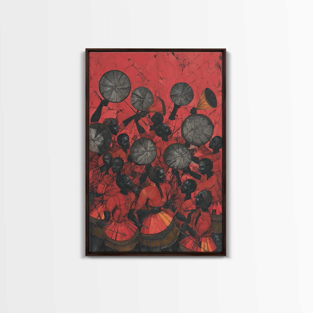 Red Drummers And Round Shields Celebration, African Wall Art, Tribal Art Print, Cultural Home Decor, Vibrant Canvas Print