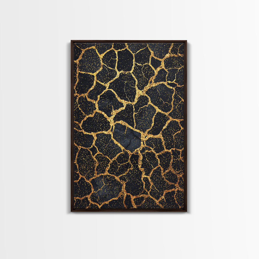 Black And Gold Crackle Pattern, Abstract Wall Art, African Inspired Decor, Luxury Canvas Print, Modern Black Art Home Decor Gift