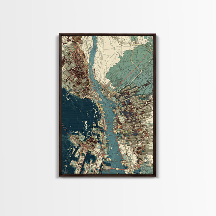 Aerial Coastal City Map With Blue Water, Urban Wall Art, Location Map Print, Modern Office Decor, Gallery Home Decor, Canvas Print