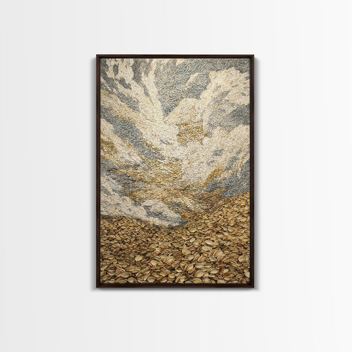 Golden Pebble Hills And Swirling Clouds, Nature Scene Wall Art, Earth Tone Art Print, Textured Boho Home Decor, Canvas Print