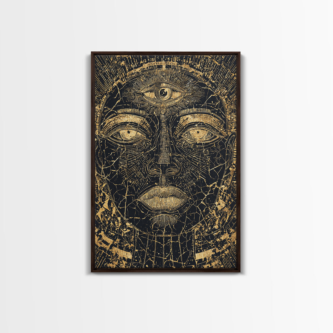 Golden Third Eye African Mask Face, African Wall Art, Ancient African Art Print, Black And Gold Mystical Decor, Canvas Print