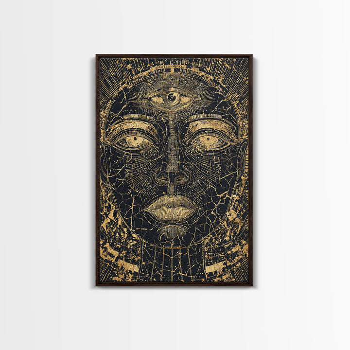 Golden Third Eye African Mask Face, African Wall Art, Ancient African Art Print, Black And Gold Mystical Decor, Canvas Print