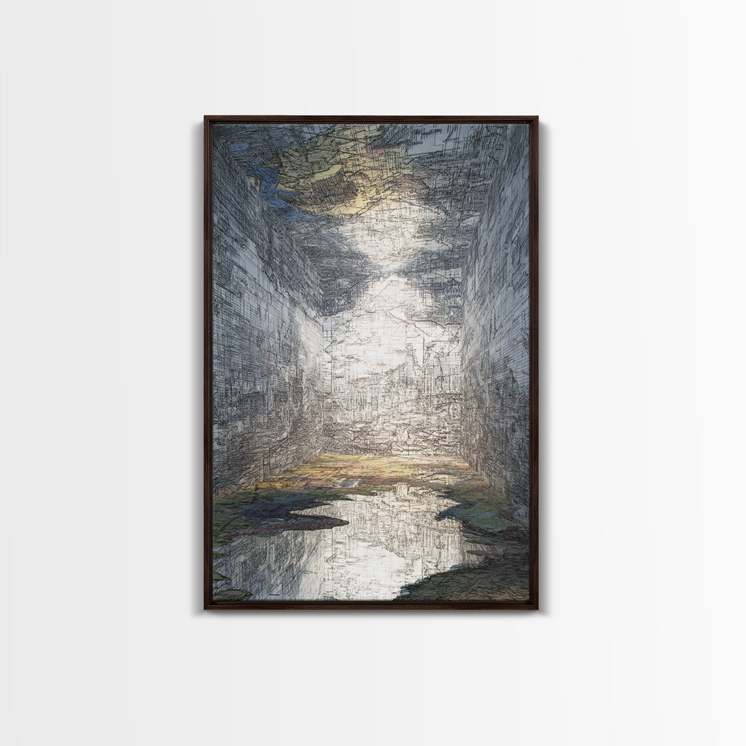 Abstract Urban Canyon Reflection Wall Art, Moody Blue Cityscape Print, Modern Architecture Decor, Statement Living Room Art