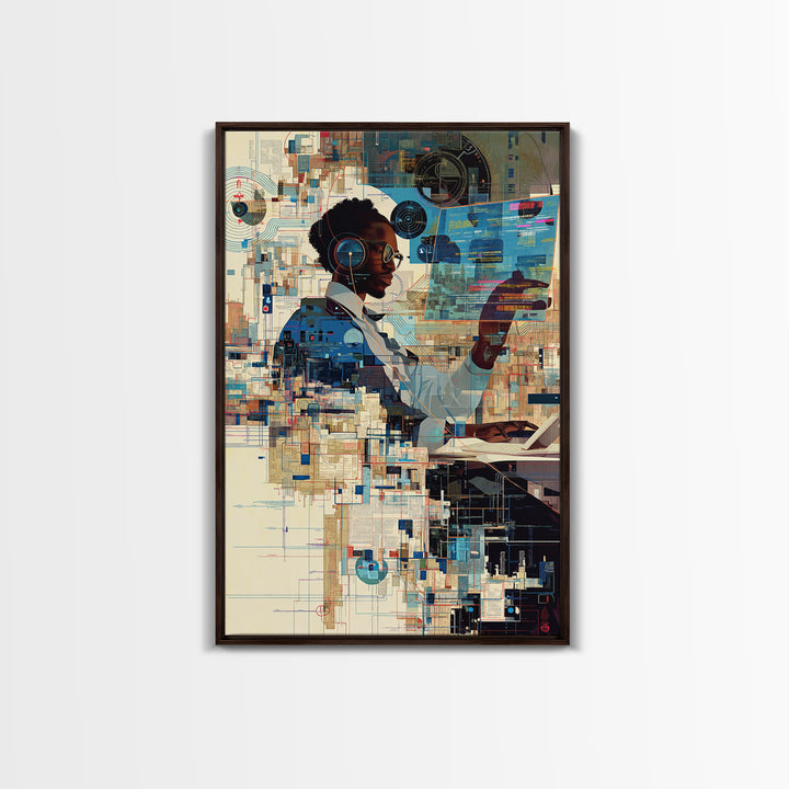 Black Woman Scientist Hologram Wall Art, Afrofuturism Portrait, African American Art Print, Modern Tech Office Decor Gift