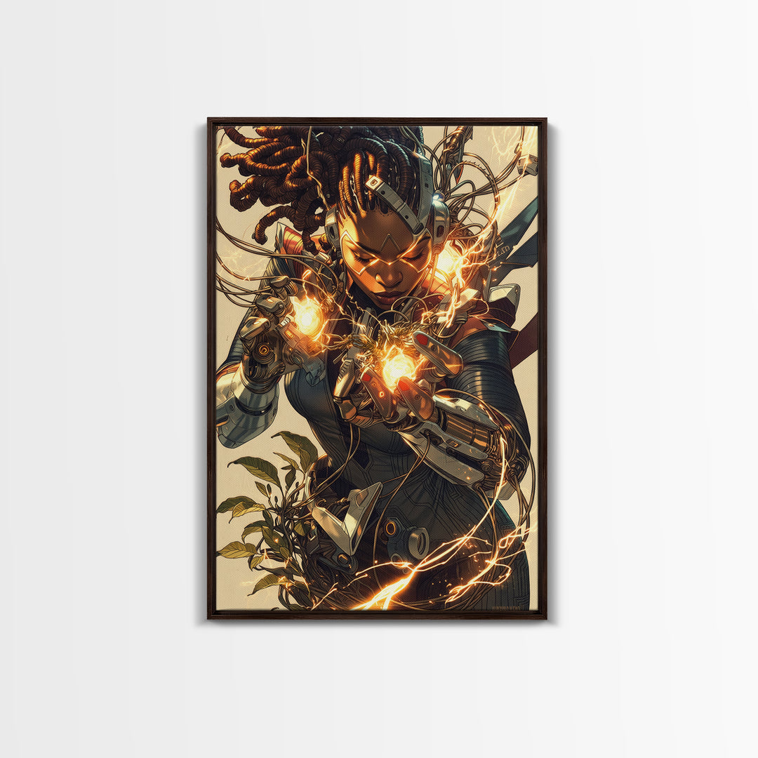 Cyberpunk African Warrior Woman Framed Canvas Print, Afrofuturism Wall Decor, Black Girl Magic, Futuristic Energy Art Gift