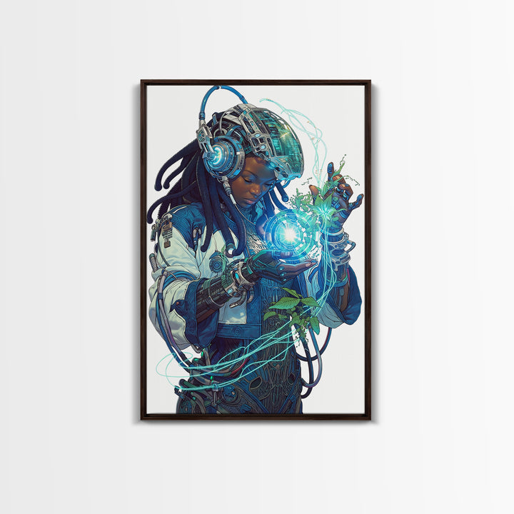 Futuristic African Woman With Glowing Orb Canvas Print, Afrofuturism Decor, Black Female Art, Botanical Tech Wall Art Gift