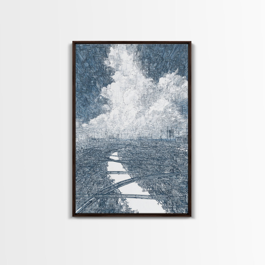 Intricate City River Cloud Wall Art, Blue Gray Urban Landscape Print, Modern Architecture Decor, Large Living Room Art Gift
