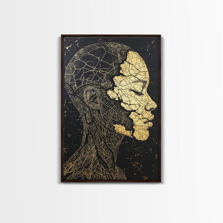 Gold Anatomical Profile Framed Canvas Print, Abstract Face Art, Black And Gold Wall Decor, Luxury Modern Portrait Gift For Him