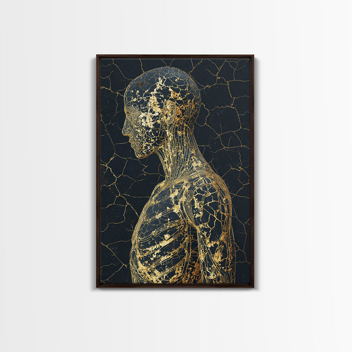 Gold Line Anatomical Figure Wall Art, Abstract Black Art, Luxury Canvas Decor, Modern Minimalist Portrait, Gift For Him Decor