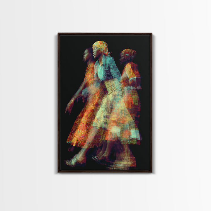 Glowing African Women In Motion Framed Canvas Print, Abstract Textile Portrait, Afrocentric Black Woman Wall Decor Art Gift