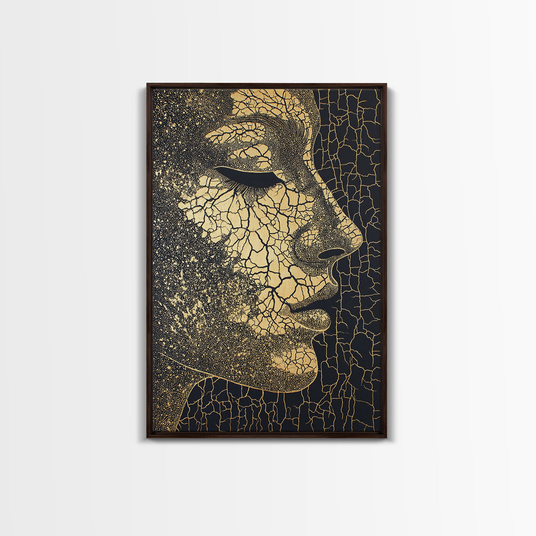 Golden Cracked African Woman Profile Wall Art, Elegant Black And Gold Portrait, Modern Afrocentric Luxury Canvas Decor Gift