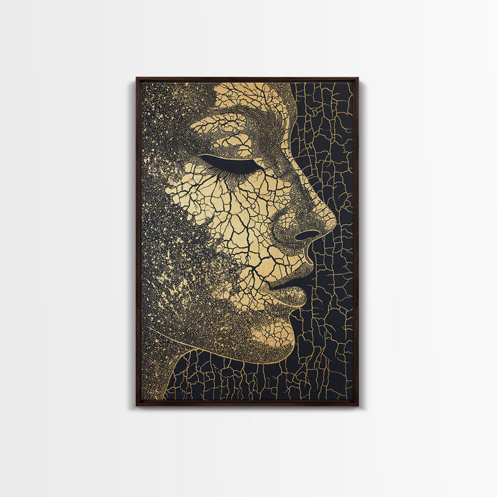 Golden Cracked African Woman Profile Wall Art, Elegant Black And Gold Portrait, Modern Afrocentric Luxury Canvas Decor Gift