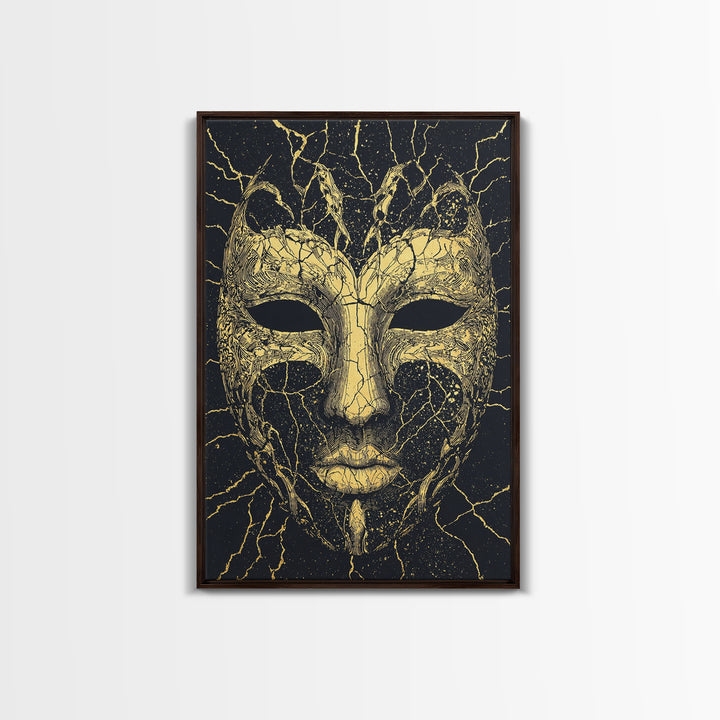 Gold African Mask Canvas Print, Black Cracked Tribal Face Art, Mystical Afrocentric Wall Decor, Unique Statement Gift For Home
