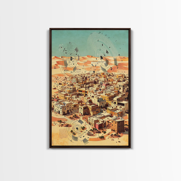 Desert City With Abstract Sound Waves Wall Art, North African Landscape Print, Modern Travel Poster, Earth Tone Home Decor