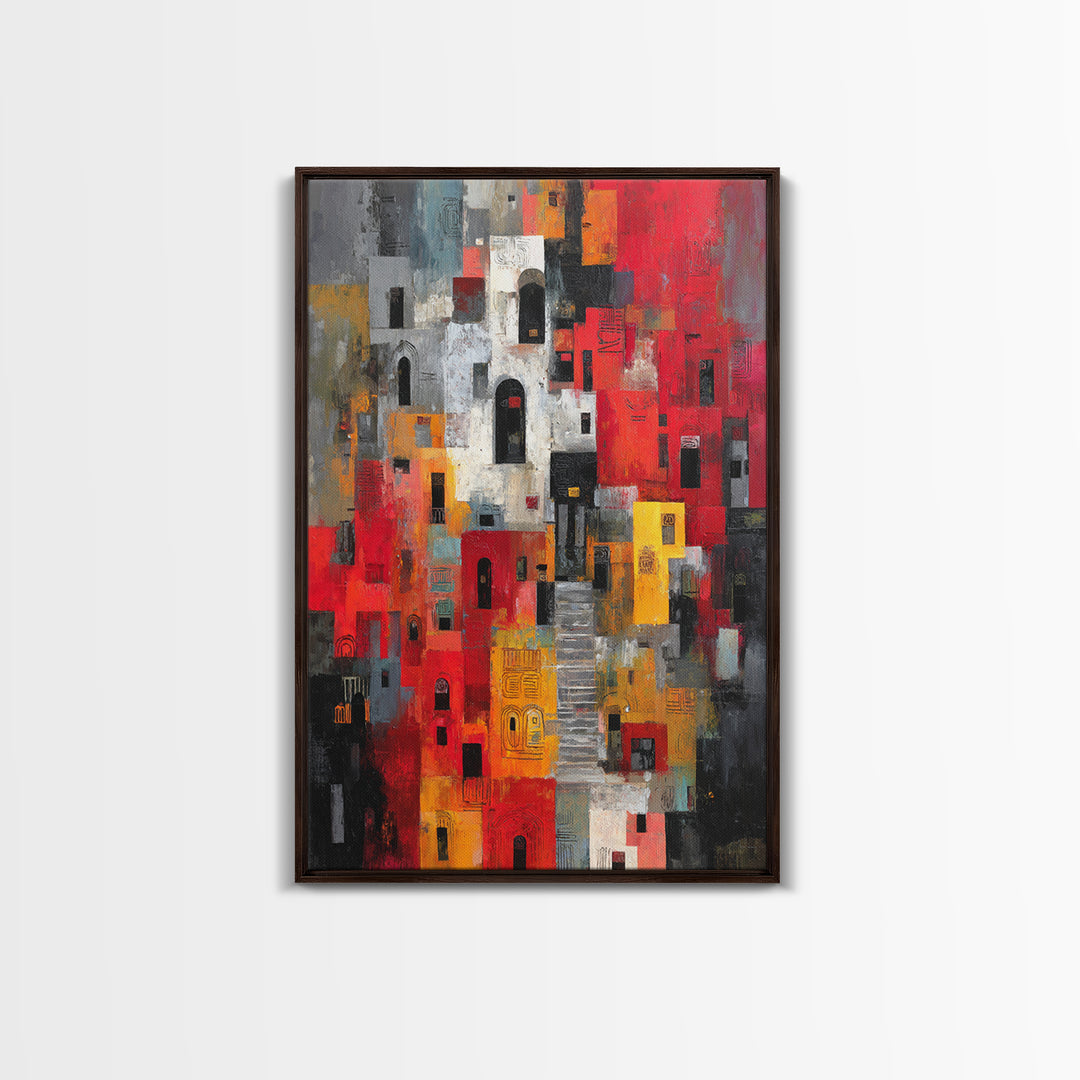 Red Black Abstract City Facades Framed Canvas Print, Modern African Wall Art, Urban Architecture Decor, Bold Home Decor Art