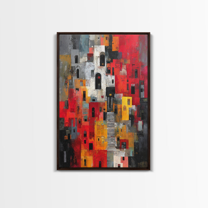 Red Black Abstract City Facades Framed Canvas Print, Modern African Wall Art, Urban Architecture Decor, Bold Home Decor Art