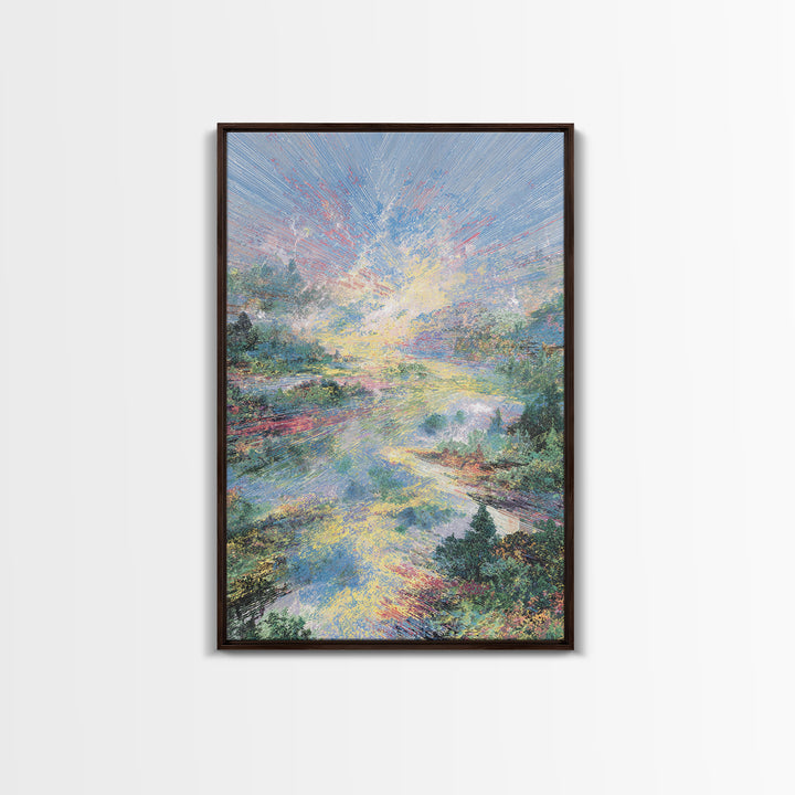 Luminous River Sunrise Landscape Framed Canvas Print, Dreamy Wall Art, Nature Scene Art, Serene Living Room Decor, Home Decor Gift