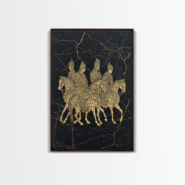 Golden African Horse Warriors On Black Stone Wall Art, African Warrior Art, Tribal Art Decor, Black Gold Canvas Decor Print