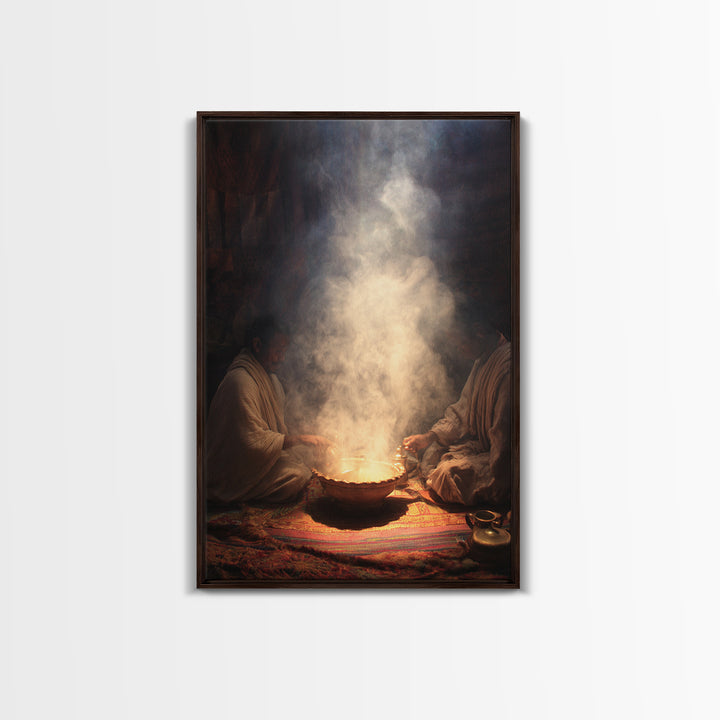 Two African Men Beside Smoky Ritual Pot Framed Canvas Print, Spiritual Wall Art, Cultural Decor, Earth Tone Home Decor Gift