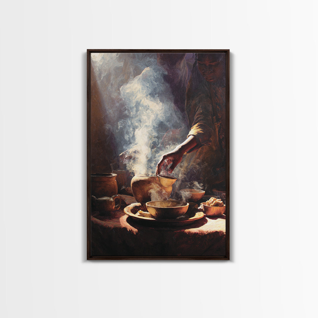 Steaming African Tea And Coffee Ceremony Still Life Canvas Print, Warm Kitchen Wall Art, Cultural Decor, Brown Black Art Decor