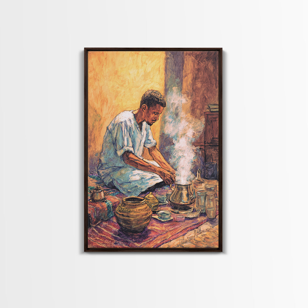 Seated African Man Preparing Smoky Coffee Canvas Print, Cultural Wall Art, Earth Tone Decor, Bohemian Home Decor Gift For Him