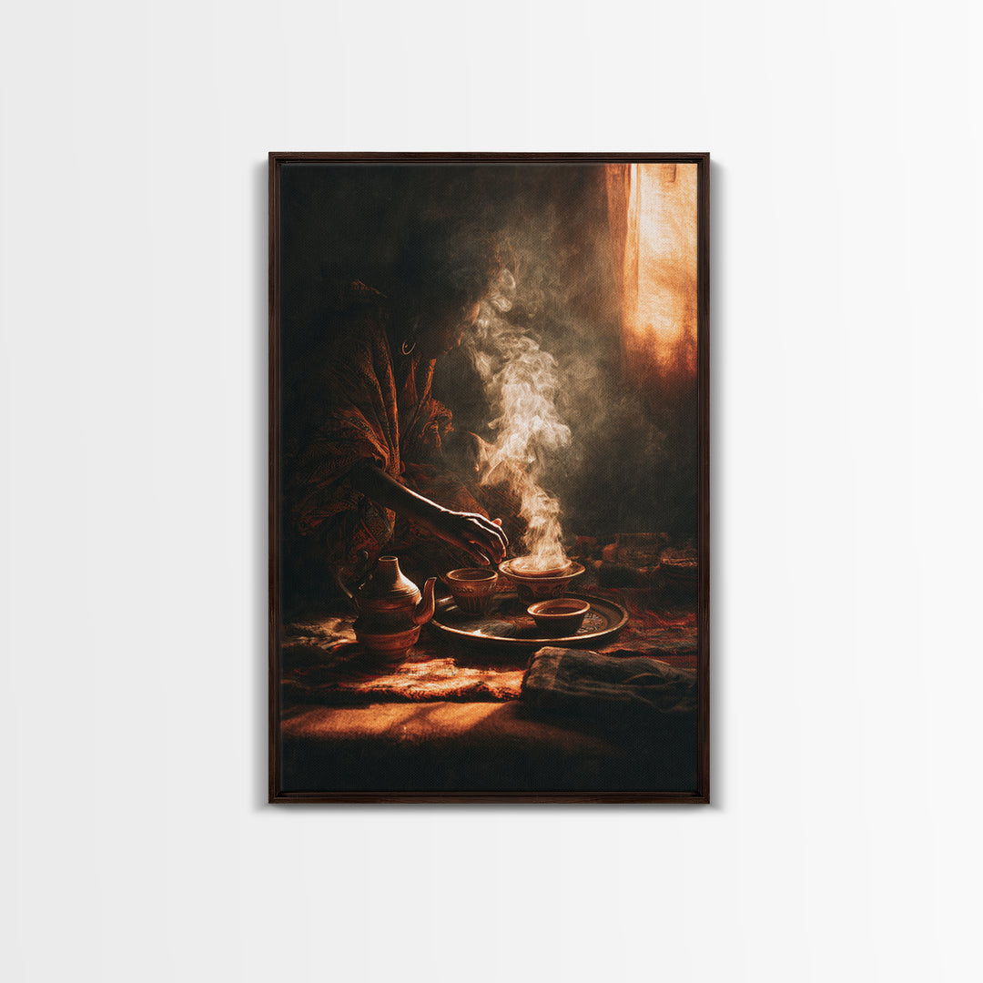 Moody African Woman Tea Ritual Wall Art, Incense Smoke Canvas Print, Afrocentric Decor, Black Culture Art, Gift For Her, Home Decor