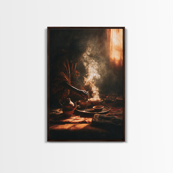 Moody African Woman Tea Ritual Wall Art, Incense Smoke Canvas Print, Afrocentric Decor, Black Culture Art, Gift For Her, Home Decor
