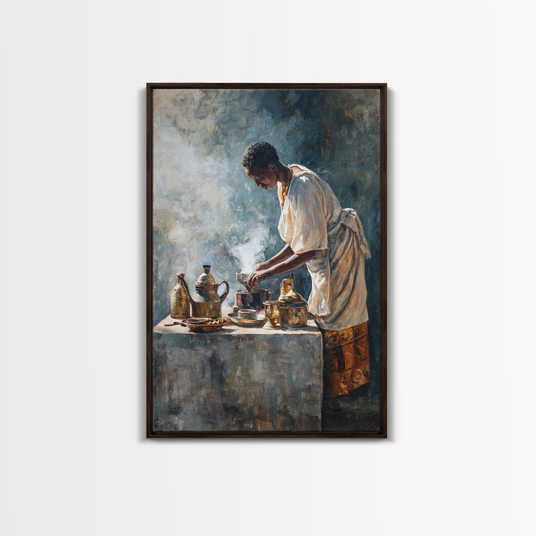 African Man Coffee Ceremony Wall Art, Ethiopian Tea Service Canvas Print, Cultural Portrait, Afrocentric Home Decor, Gift