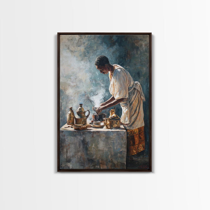 African Man Coffee Ceremony Wall Art, Ethiopian Tea Service Canvas Print, Cultural Portrait, Afrocentric Home Decor, Gift