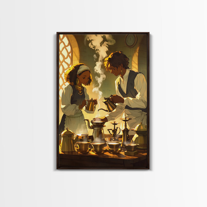 African Couple Tea Ceremony Wall Art, Golden Kitchen Canvas Print, Afrocentric Romance Decor, Black Love Art, Wedding Gift