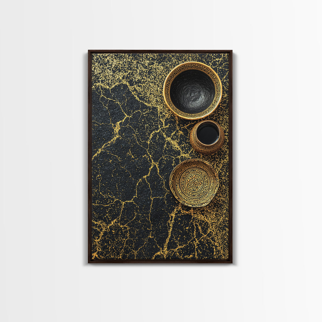 Black Gold Vessels Texture Wall Art, African Inspired Canvas Print, Abstract Ethnic Art, Luxury Kitchen Decor, Home Decor Gift