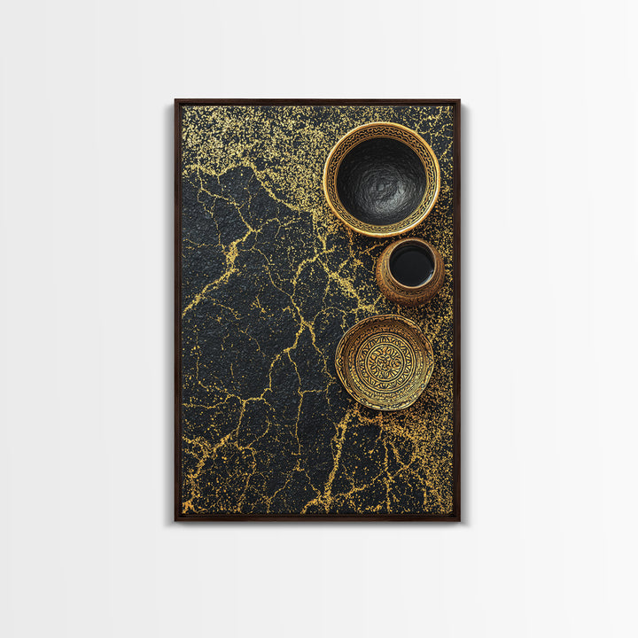 Black Gold Vessels Texture Wall Art, African Inspired Canvas Print, Abstract Ethnic Art, Luxury Kitchen Decor, Home Decor Gift