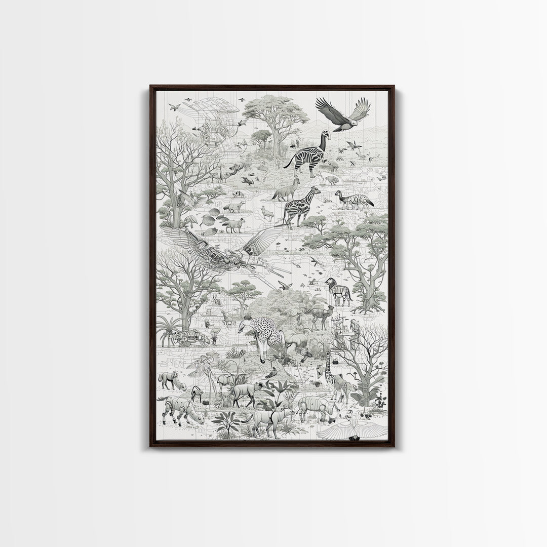 Intricate Monochrome African Safari Map Wall Art, Serengeti Animals, Elephant, Zebra, Giraffe, Travel Inspired Home Decor