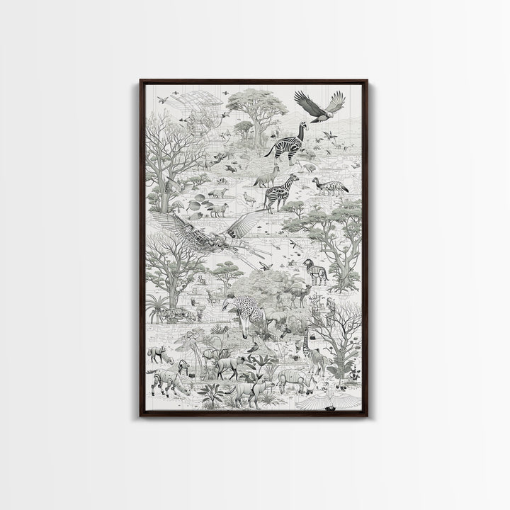 Intricate Monochrome African Safari Map Wall Art, Serengeti Animals, Elephant, Zebra, Giraffe, Travel Inspired Home Decor