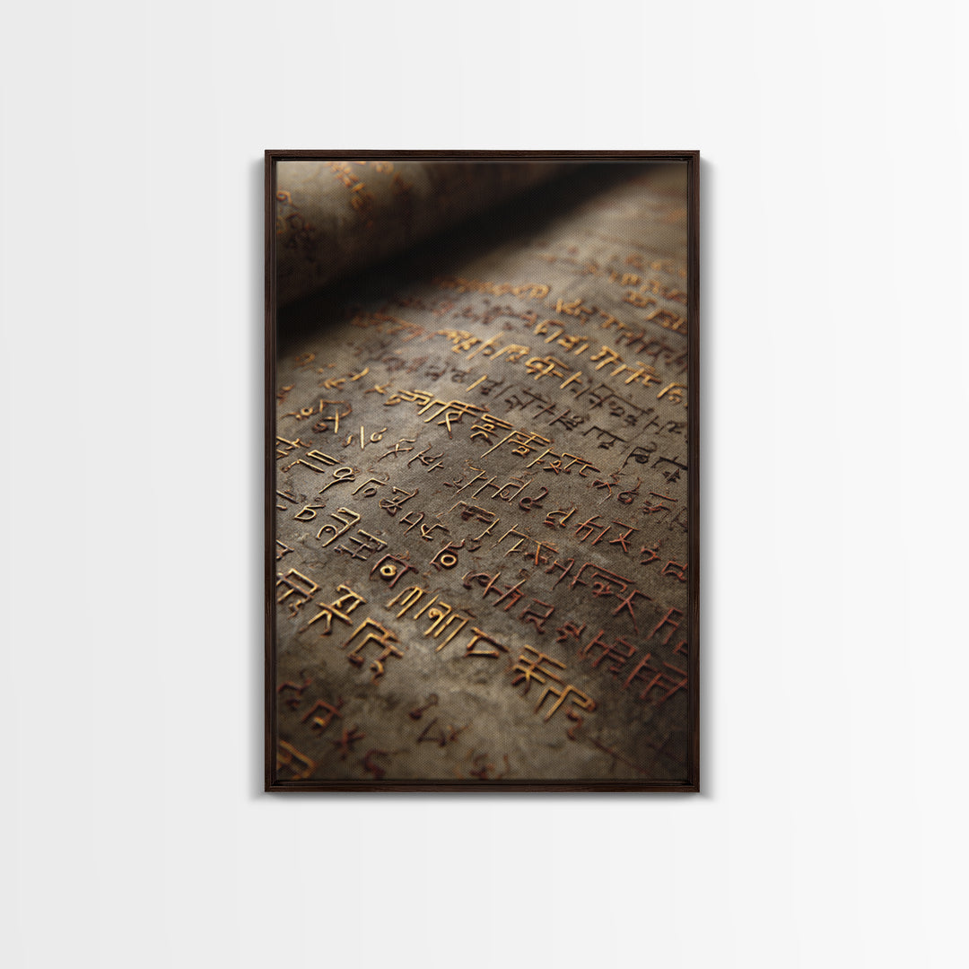 Aged Bronze Ancient Script Framed Canvas Print, Close Up Manuscript, Cultural Wall Art, Earth Tone Office Decor Gift For Study
