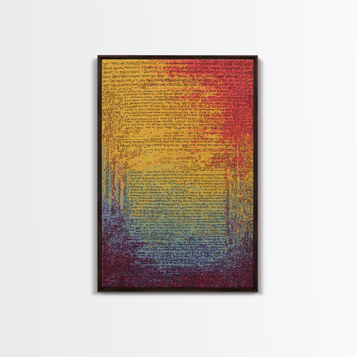 Colorful Gradient Ancient Manuscript Wall Art, Red Yellow Blue Abstract Script, Modern Canvas Print, Vibrant Home Decor Gift