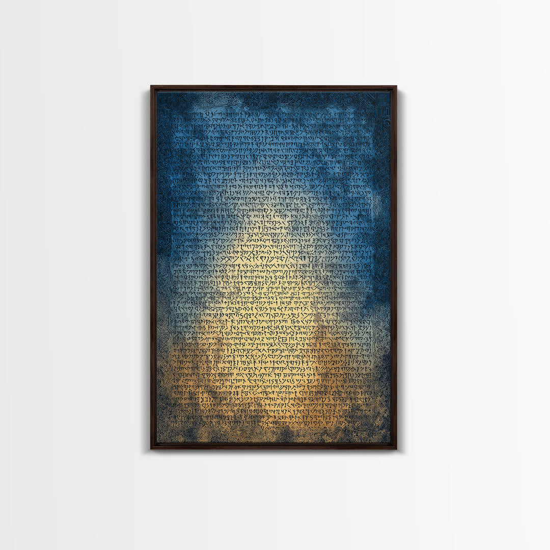 Blue Ancient Script Manuscript Canvas Print, Glowing Parchment Wall Art, Spiritual Cultural Decor, Elegant Office Gift For Her