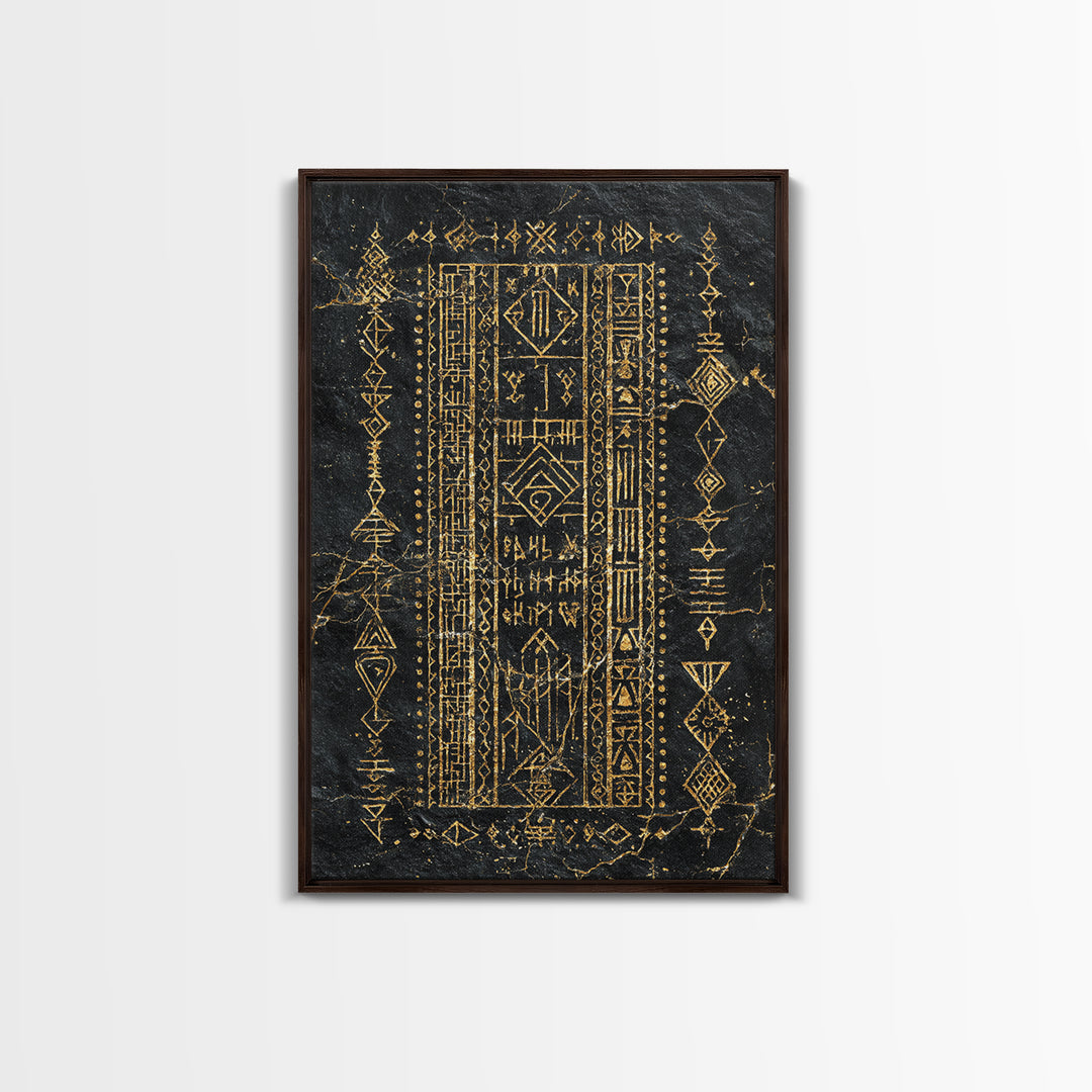 Black Gold Tribal Geometric Symbol Wall Art, Ancient African Inspired Panel, Mystical Canvas Print, Cultural Home Decor Gift