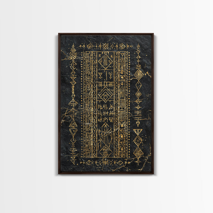 Black Gold Tribal Geometric Symbol Wall Art, Ancient African Inspired Panel, Mystical Canvas Print, Cultural Home Decor Gift