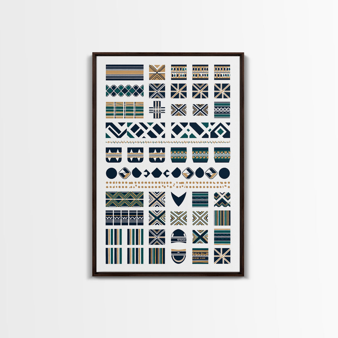 African Textile Pattern Grid In Blue Gold Wall Art, Ankara Wall Art, Ethnic Art Print, Cultural Home Decor, Motherland Style Gift