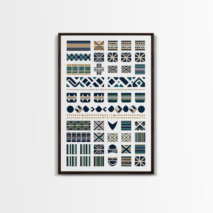 African Textile Pattern Grid In Blue Gold Wall Art, Ankara Wall Art, Ethnic Art Print, Cultural Home Decor, Motherland Style Gift