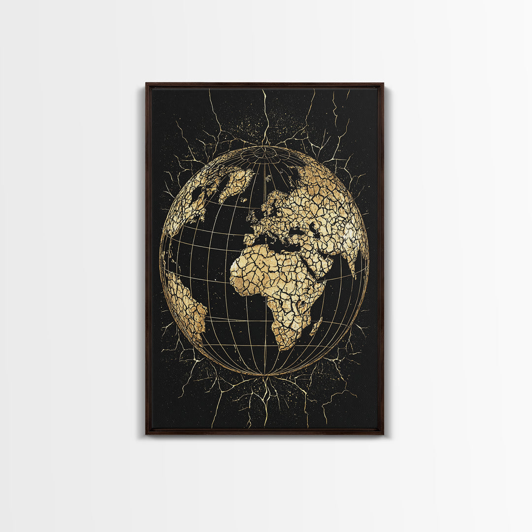 Cracked Gold Africa Globe On Black Canvas Print, African Wall Art, Motherland Map Decor, Afrocentric Cultural Gift For Living Room