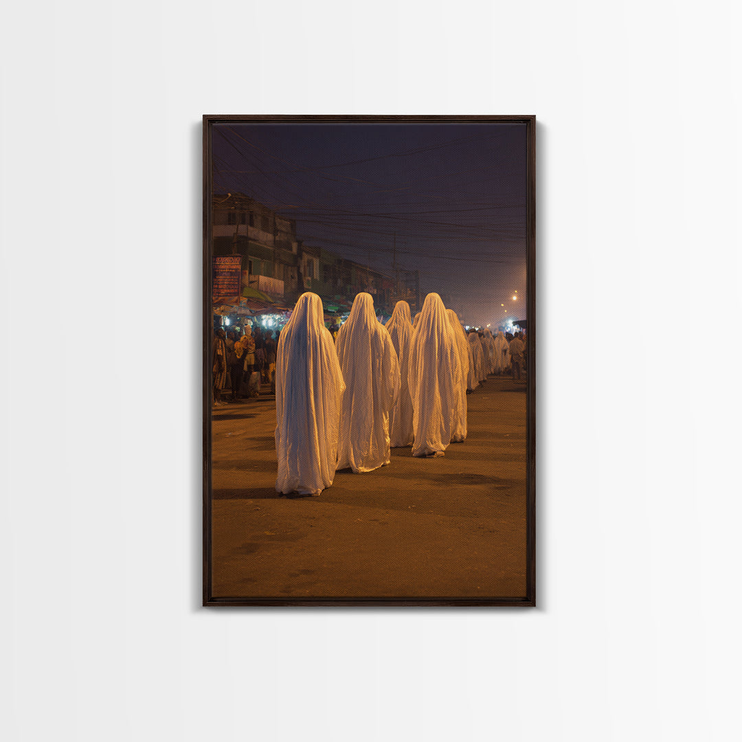 Night Street White Robed Procession Wall Art, African Travel Decor, Spiritual Cultural Art Print, Afrocentric Home Gift For Him